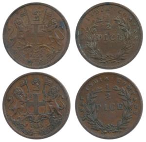 Copper ½ Pice, 1853, Calcutta Mint, (Prid 159, 2 different types, listed in DC as type I &