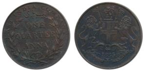 Copper ¼ Anna, 1835, Bombay Mint, 30 Berries (15 L+15 R), large loops to the ribbon bow, s