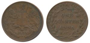 Copper ¼ Anna, 1835, Bombay Mint, 30 Berries (15 L+15 R), large loops to the ribbon bow, s