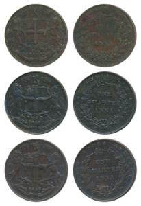 Copper ¼ Anna, 1857, Birmingham Mint, Wreath tips-single leaves, R. Heaton and Sons, 1858,