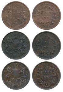 Copper ½ Anna, 1835, Bombay Mint & Madras Mint, 1845, Calcutta Mint, 4 in date without ser