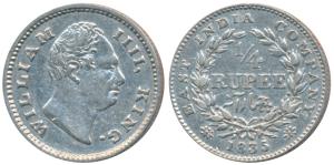 William IV, Silver ¼ Rupee, 1835, Calcutta Mint, Dug out F incuse, Wreath with 19 Berries 