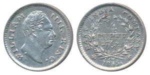 William IV, Silver ¼ Rupee, 1835, Calcutta Mint, Dug out F incuse, Wreath with 18 Berries 