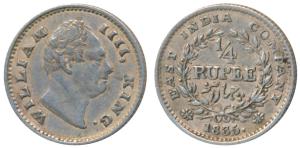 William IV, Silver ¼ Rupee, 1835, Calcutta Mint, F raised (but faint), Wreath with 18 Berr