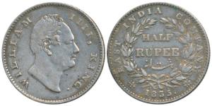 William IV, Silver ½ Rupee, 1835, Calcutta Mint, RS incuse, 21 Berries, (Prid 66). Very Fi