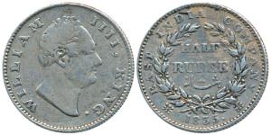 William IV, Silver ½ Rupee, 1835, Calcutta Mint, F incuse, 21 Berries, (Prid 68). Fine+, S