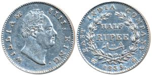 William IV, Silver ½ Rupee, 1835, Calcutta Mint, F incuse, 20 Berries, (Prid 69). Very Fin