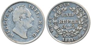William IV, Silver ½ Rupee, 1835, Calcutta Mint, F incuse, 19 Berries, (Prid 70). Fine+, S