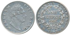 William IV, Silver Rupee, 1835, Calcutta Mint, F incuse, No dot after F, A / II, Bud Leave