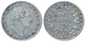 William IV, Silver Rupee, 1835, Calcutta Mint, F incuse, No dot after F, A / III, Bud Leav
