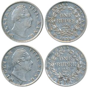William IV, Silver Rupee, 1835, (2) Calcutta Mint, F incuse, A / I, Two Leaves, 19 Berries