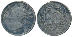 Victoria Queen, Silver 2 Annas, 1841, Continuous legend, Calcutta Mint, English Head, Cres