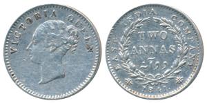 Victoria Queen, Silver 2 Annas, 1841, Continuous legend, Bombay Mint, English Head, No ini