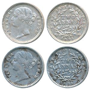 Victoria Queen, Silver 2 Annas, 1841, divided Legend, Madras Mint, S incuse WW raised, 9 B