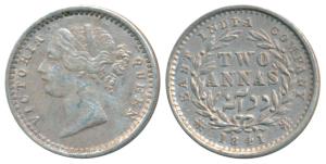 Victoria Queen, Silver 2 Annas, 1841, divided Legend, Bombay Mint, .W.W raised, 9 Berries 