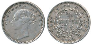 Victoria Queen, Silver ¼ Rupee, 1840, continuous legend, Madras Mint, English Head, S incu