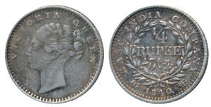 Victoria Queen, Silver ¼ Rupee, 1840, continuous legend, Madras Mint, English Head, S incu