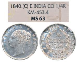 Victoria Queen, Silver ¼ Rupee, 1840, continuous legend, Calcutta Mint, Indian head, incus