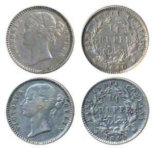 Victoria Queen, Silver ¼ Rupee, 1840 (2) divided Legend, Calcutta / Bombay Mint, WW raised