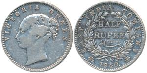 Victoria Queen, Silver ½ Rupee, 1840, continuous legend, Calcutta Mint, English Head, 19 B