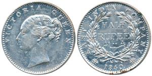 Victoria Queen, Silver ½ Rupee, 1840, continuous legend, Bombay Mint, English Head, 19 Ber