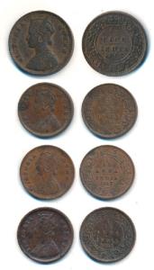 Victoria Queen, Copper ½ Pice & 1/12 Anna, 1862, Calcutta Mint; A tiny ’v’ in relief in ce