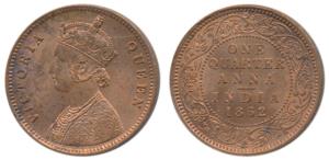 Victoria Queen, Copper ¼ Anna, 1862, Calcutta Mint, 4 lace panels in jabot with a single f