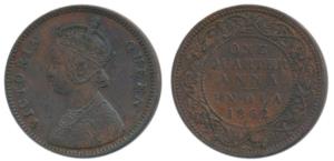 Victoria Queen, Copper ¼ Anna, 1862, Bombay Mint, 4 lace panels in jabot with a single flo
