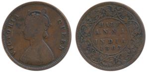 Victoria Queen, Copper ½ Anna, 1862, Calcutta Mint, Flat top to numeral 1 in date, (Prid 5