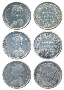Victoria Queen, Silver ¼ Rupee, 1862 (3), Bombay Mint, A / I / No mint mark, Madras Mint, 