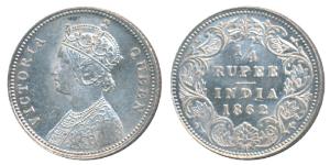 Victoria Queen, Silver ¼ Rupee, 1862, Calcutta Mint, A / I / No mint mark, (Prid 376). Abo
