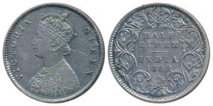 Victoria Queen, Silver ½ Rupee, 1862, Calcutta Mint, A / I, (Prid 255). Nice toning, Very 