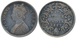 Victoria Queen, Silver ½ Rupee, 1862, Bombay Mint, B1 / II, Round pearls in the crown, (Pr