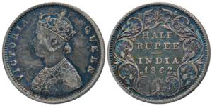 Victoria Queen, Silver ½ Rupee, 1862, Calcutta Mint, C / II, obv. as Wyon’s Design, (Prid 