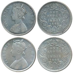 Victoria Queen, Silver Rupee, 1862, Bombay Mint, A / I / 0 / 4, & B / I / 0 / 4, (Prid 78 