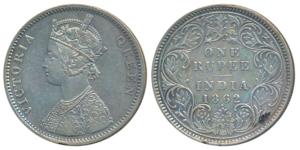 Victoria Queen, Silver Rupee, 1862, Bombay Mint, A / I / 1 / 1, with crescent (Prid 98). V