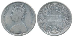 Victoria Queen, Silver Rupee, 1862, Bombay Mint, A / II / 1 / 7, Top dot within top flower