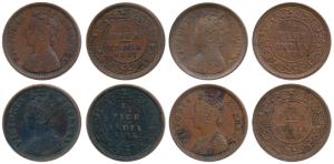 Victoria Empress, Copper ½ Pice (4), 1885, Scarce, 1886, 1887 and 1888, Calcutta Mint, (Pr