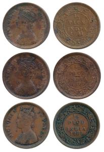 Victoria Empress, Copper ½ Pice (3), 1889, 1890 and 1891, Calcutta Mint, (Prid 721, 722 & 