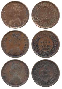 Victoria Empress, Copper ½ Pice (3), 1892, 1893 and 1894, Calcutta Mint, (Prid 725, 726 & 