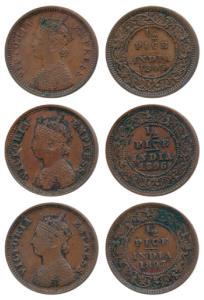 Victoria Empress, Copper ½ Pice (3), 1895, 1896 and 1897, Calcutta Mint, (Prid 728, 729 & 
