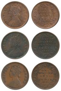 Victoria Queen, Copper ¼ Anna (3), 1874, 1875 and 1876, Calcutta Mint, (Prid 608, 609 & 61