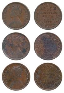 Victoria Empress, Copper ¼ Anna (3), 1877 and 1878, Calcutta Mint, 1877, Bombay Mint, (Pri