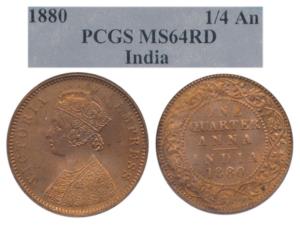 Victoria Empress, Copper ¼ Anna, 1880, Calcutta Mint, (Prid 614). PCGS slabbed MS64 RD, Ra