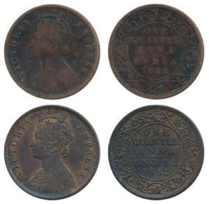 Victoria Empress, Copper ¼ Anna, 1882 (2), Calcutta Mint & Bombay Mint, (Prid 615 & 638). 