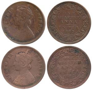 Victoria Empress, Copper ¼ Anna, 1883 (2), Calcutta Mint & Bombay Mint, (Prid 616 & 639). 