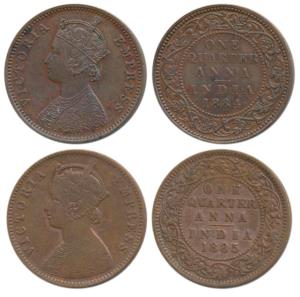 Victoria Empress, Copper ¼ Anna, 1884, Bombay Mint, 1885, Calcutta Mint, (Prid 640 & 618).