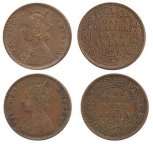 Victoria Empress, Copper ¼ Anna, 1886 (2), Calcutta Mint & Bombay Mint (Prid 619 & 641). V