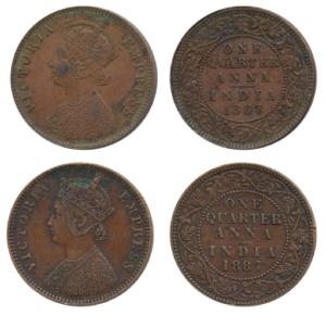 Victoria Empress, Copper ¼ Anna, 1887 (2), Calcutta Mint & Bombay Mint, (Prid 620 & 642). 
