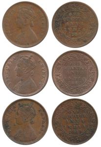Victoria Empress, Copper ¼ Anna (3), 1889, Calcutta Mint; 1888 & 1889 Bombay Mint, (Prid 6